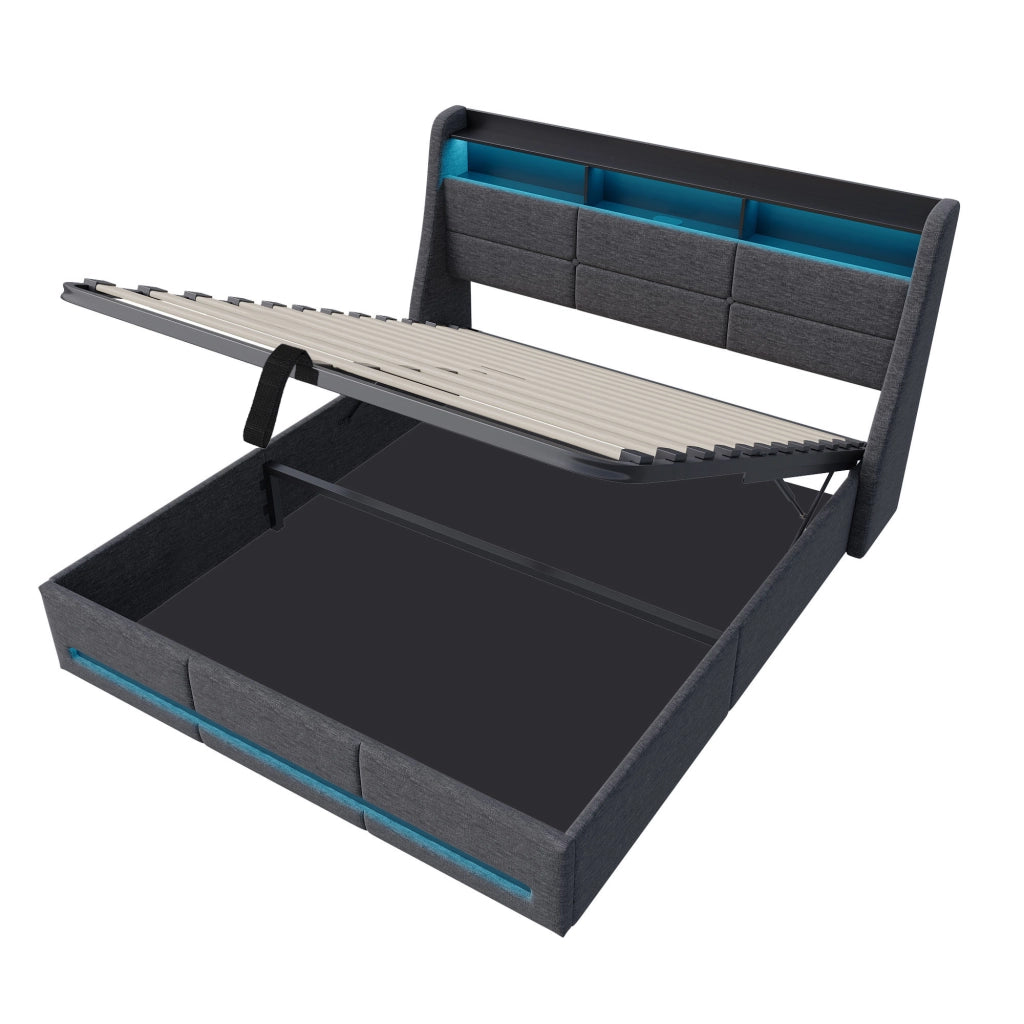 Letto matrimoniale con contenitore idraulico 140×190 cm, tessuto grigio, effetto sospeso LED RGB, testiera con vani, ricarica USB e USB‑C
