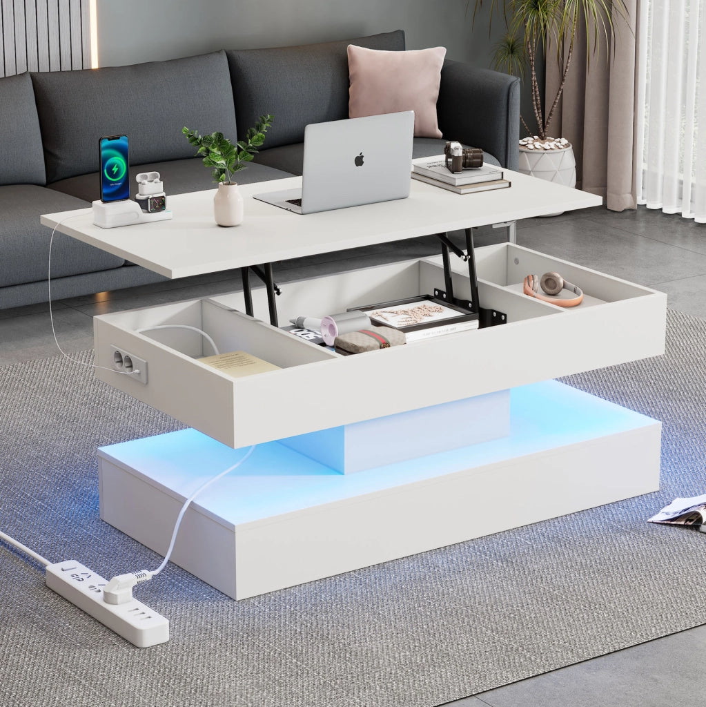 Tavolino da caffè rialzabile con LED Bluetooth; vano contenitore e prese EU; 100x50x42 cm; bianco