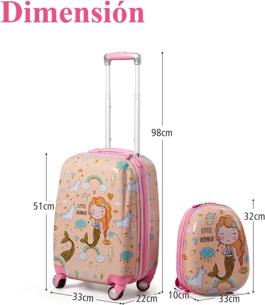Set di Valigia 18’’ + Zaino 12’’ per Bambini 2 Pezzi, Bagagli 2-in-1 con Zainetto da Viaggio Aereo, Trolley con Maniglia Telescopica e 4 Ruote a 360° (Rosa Sirena)