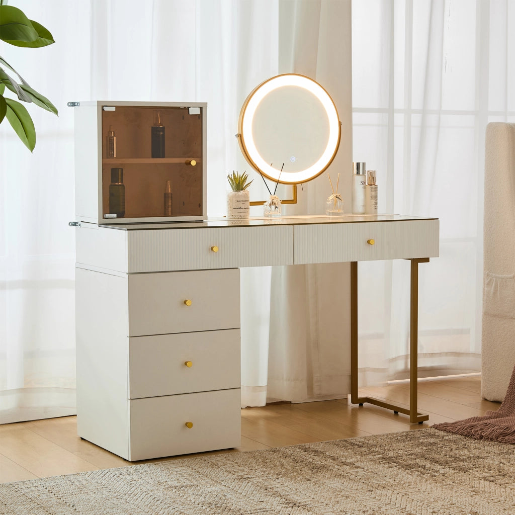Set toeletta con specchio LED a 3 colori, piano in vetro, bianco e oro, 120 x 45 x 115 cm
