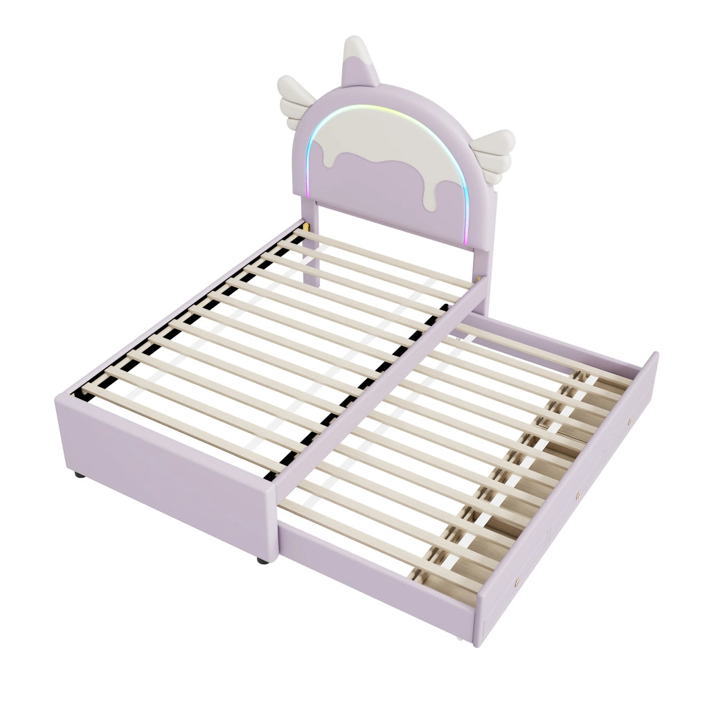 Letto Estraibile Letto Singolo 90 x 200 cm con Cassetto e Testiera Unicorno; senza Materasso; PU Viola