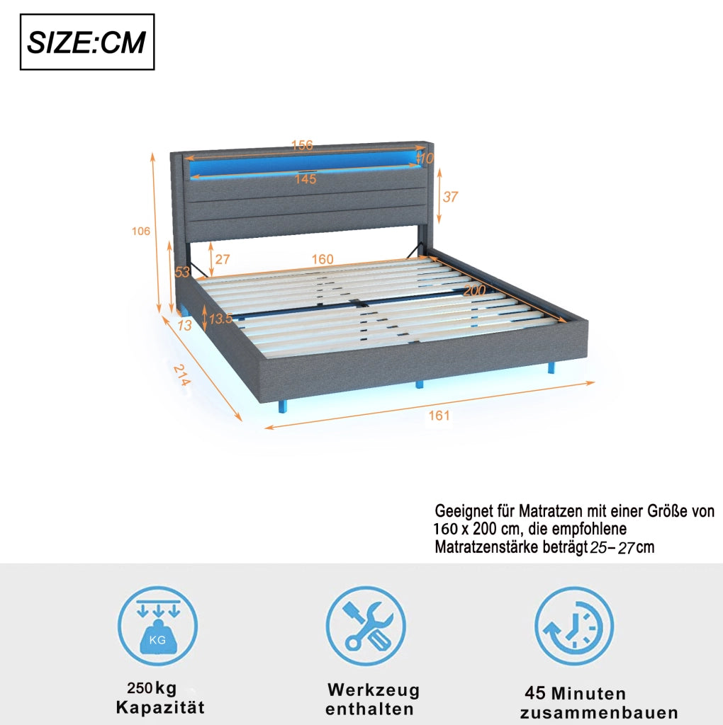Letto imbottito 160x200 cm con USB; LED e testiera reversibile grigio
