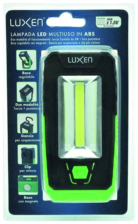 Luxen TORCIA TASCABILE CON MAGNETE 3 W FRONTALE + 1 W TORCIA, 240 lumen, col. Verde