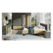 Camera da letto completa design IZO: Armadio, letto 180x200, cassettiera, comodini, rovere/grigio antracite