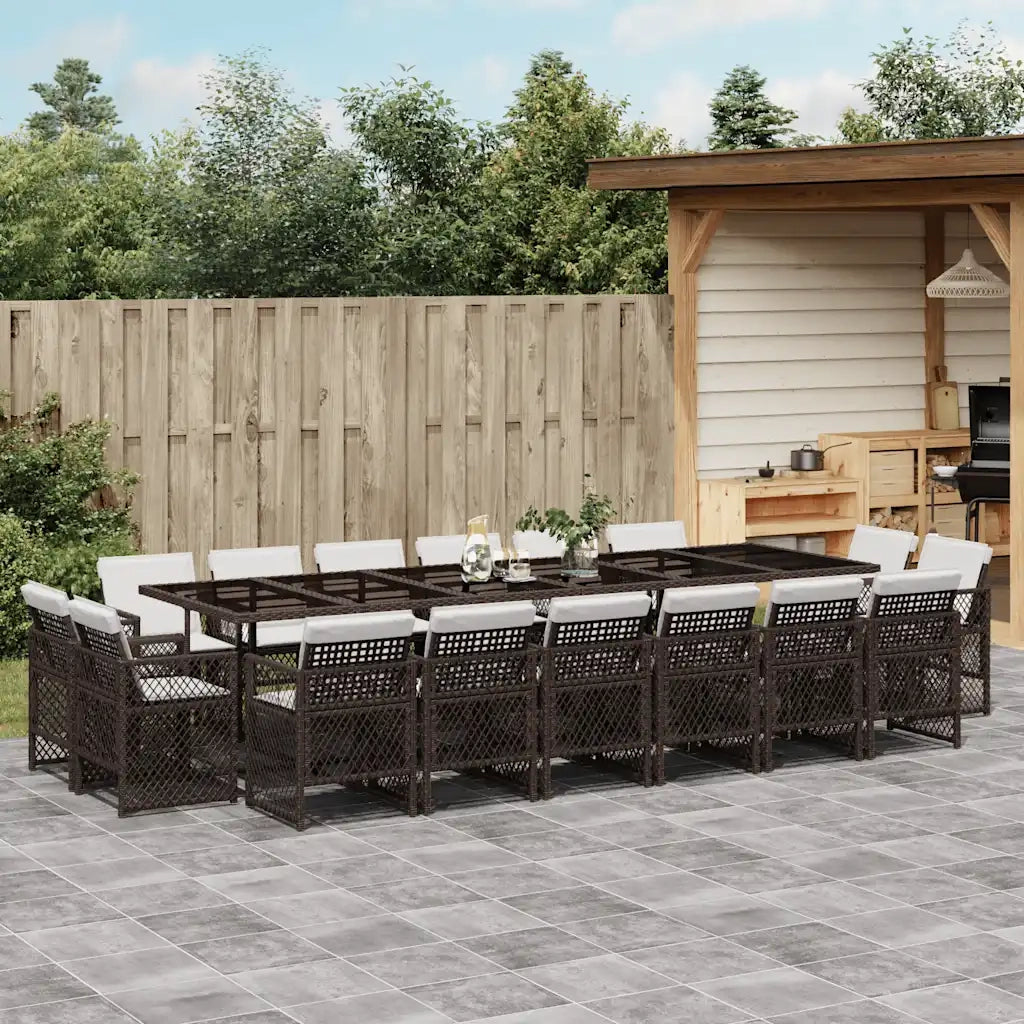 Set da Pranzo da Giardino 17 pz con Cuscini Marrone Polyrattan