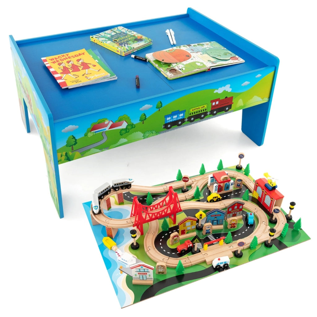 Set di trenini in legno con tavolo reversibile e staccabile cassetto capiente, Tavolo da gioco per bambini 80 Pezzi