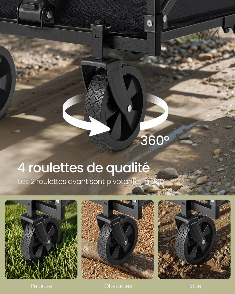 Carrello da trasporto pieghevole carrello da spiaggia carrello da campeggio con maniglia 4 ruote rinforzate di cui 2 universali portata 150 kg giardino esterno nero 2_0005031