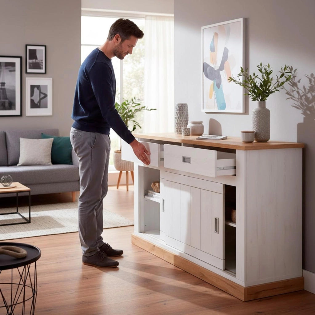 Mobile Madia Credenza Soggiorno Con 2 Cassetti E 2 Ante Scorrevoli 4 Ripiani Interni Design Minimal Shabby Chic Zona Living Sala Da Pranzo 150 x 50 x 95.5 Cm Bianco E Rovere
