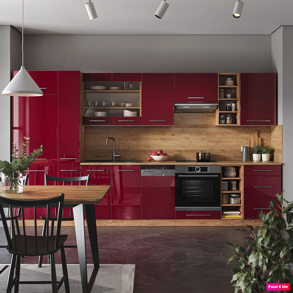 Cucina componibile Fame-Line Bordeaux lucido/Rovere dorato 355 cm, PL Antracite Vicco