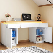 Scrivania con LED multicolore; 140 x 50 cm; 3 cassetti e 2 ante; MDF bianco e rovere