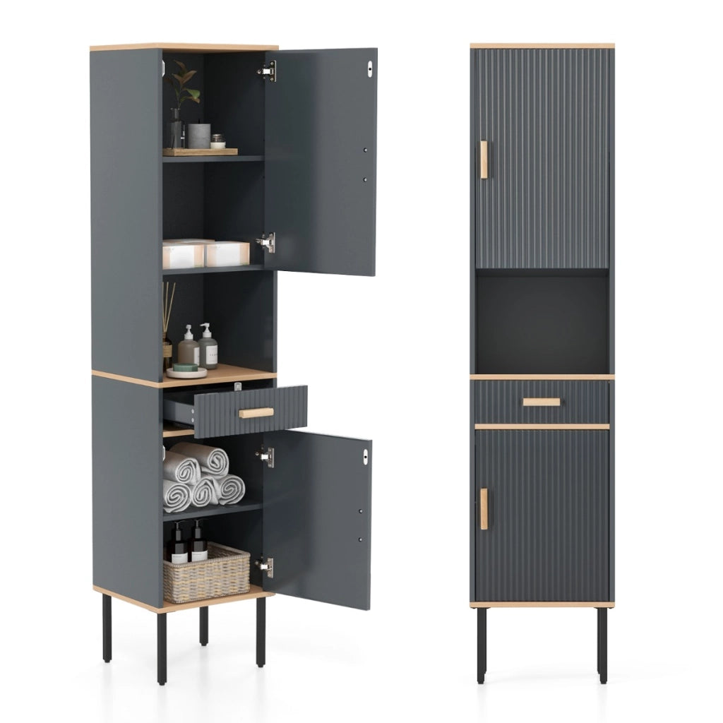 Mobile da bagno alto indipendente con scomparto aperto cassetto, Mobiletto stretto con ripiani regolabili Grigio
