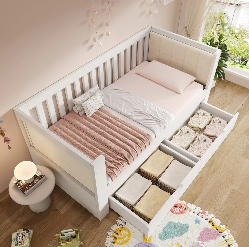 Letto singolo 90x200 cm bianco con 2 cassetti in legno
