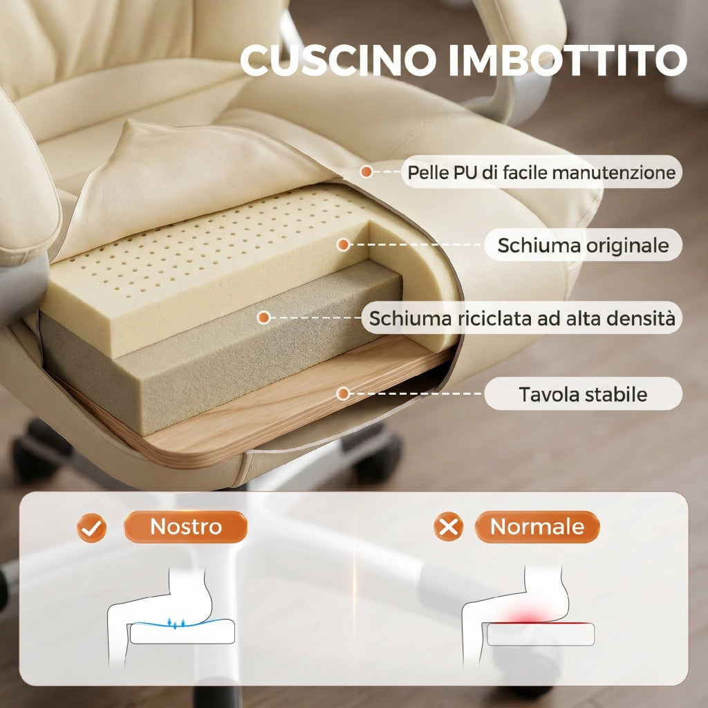Sedia da Ufficio Girevole in Pelle PU con Dondolo. Schienale Alto e Altezza Regolabile. Beige