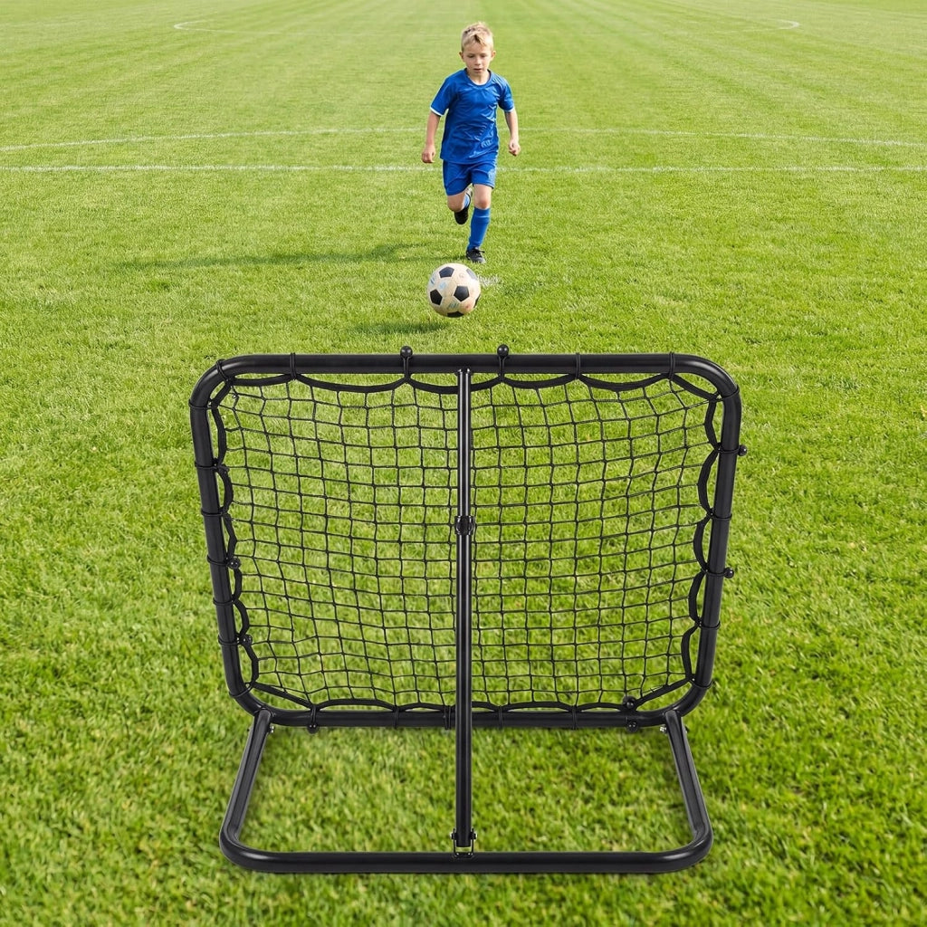 Rete Rimbalzo Calcio, Rete Calcio Rimbalzante Pieghevole da Giardino con 4 Altezze Regolabili, Telaio in Metallo e Picchetti, Porta da Calcio per Bambini, 83,5 x 52 x 77-85 cm