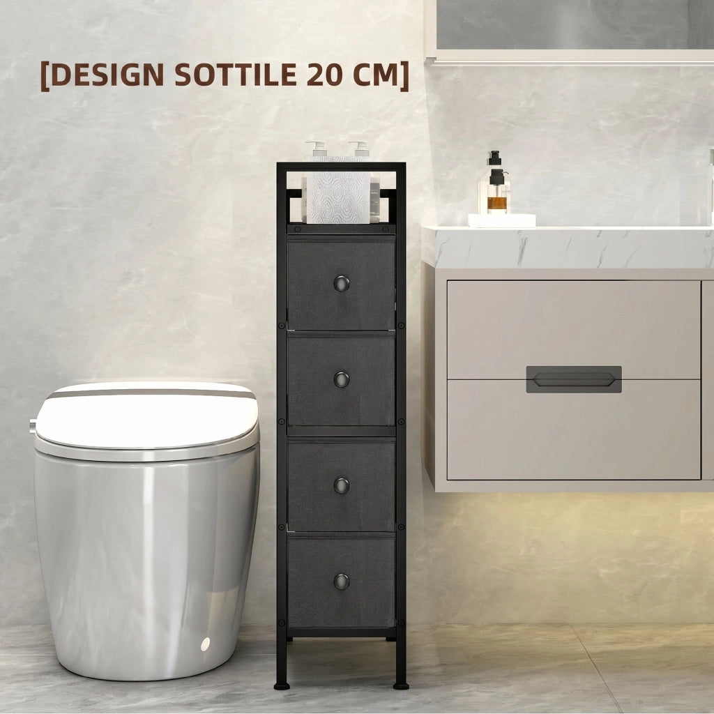 Cassettiera Slim Salvaspazio 20x43x81,5 cm con 4 Cassetti Telaio in Acciaio in Tessuto Nero