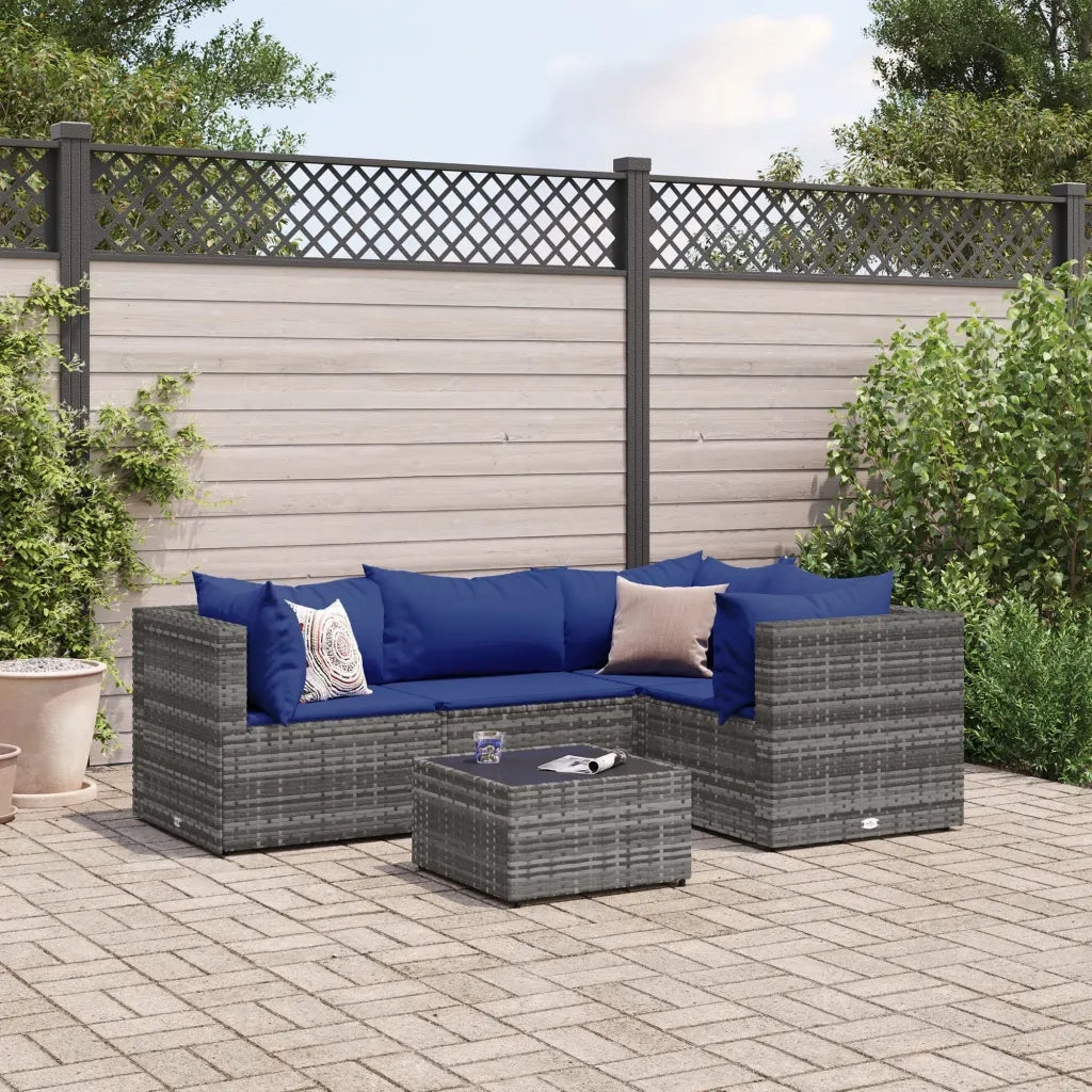 Set Divani da Giardino 5 pz con Cuscini in Polyrattan Grigio