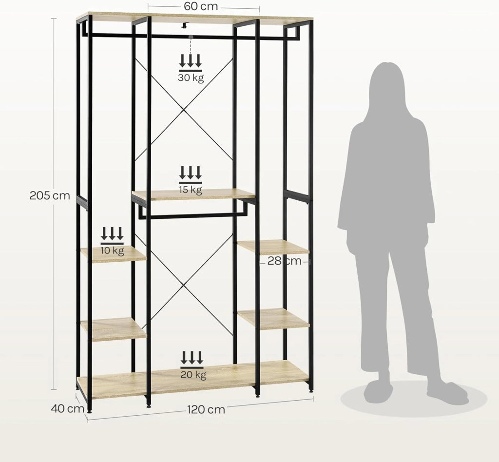 Stand Appendiabiti con Ripiani Attaccapanni Guardaroba Scaffale Porta Abiti in Legno Acciaio 120x40x201 cm