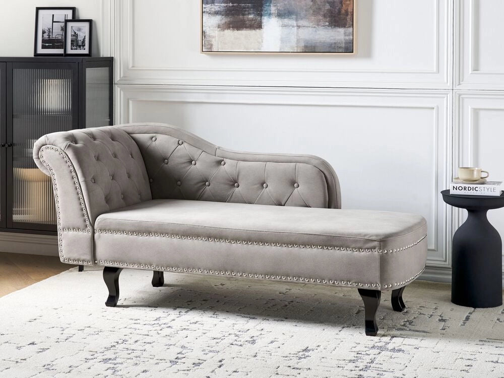 Chaise longue in velluto tortora versione sinistra Con Bottoni stile retrò