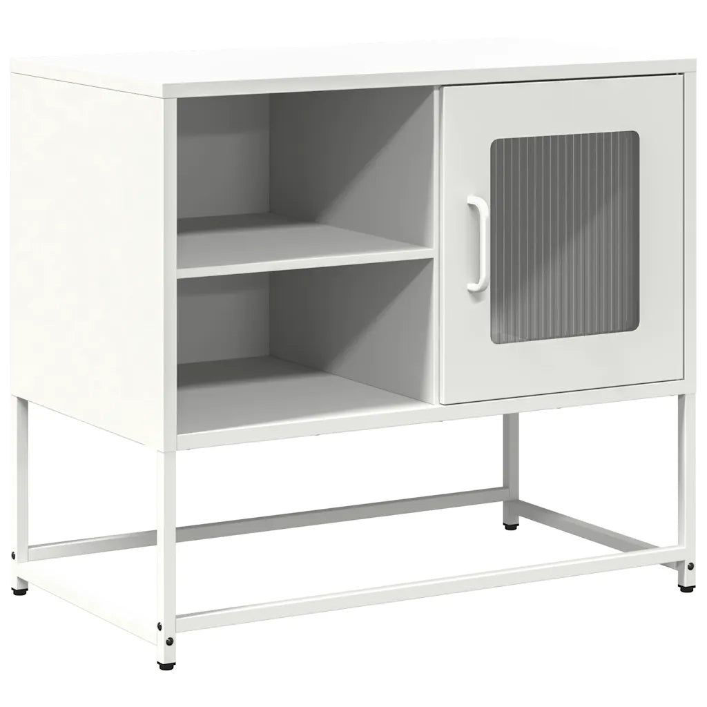 Mobile porta TV bianco con ampio spazio contenitivo e design industriale 68 x 39 x 60 cm realizzato in acciaio laminato a freddo bianco 02_0049879