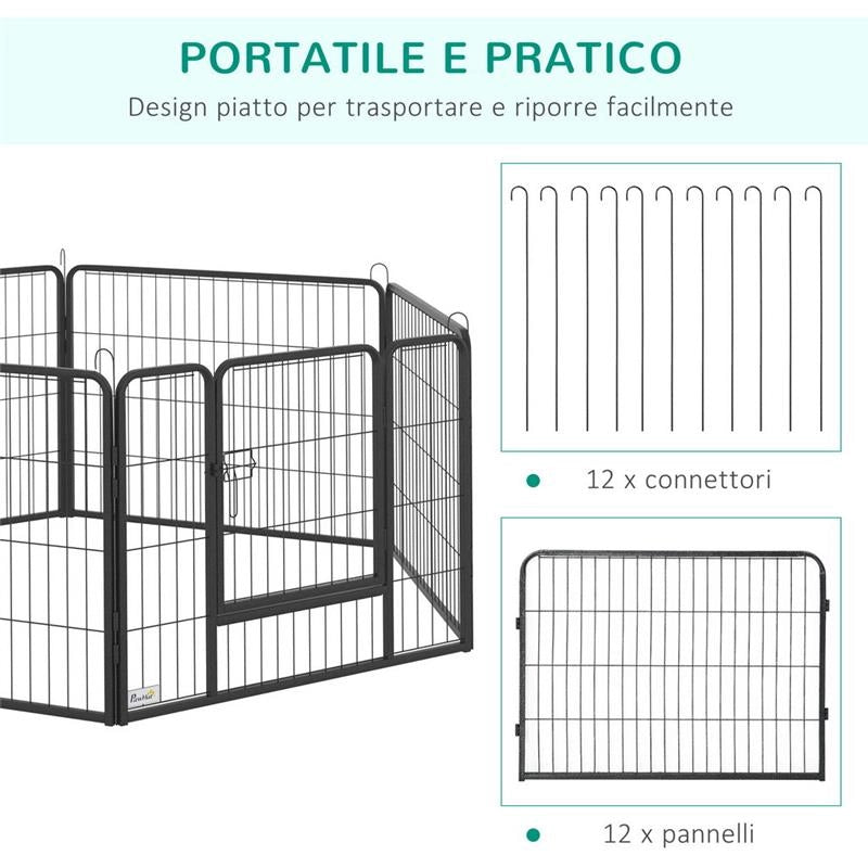 RECINTO PER ANIMALI 12 PANNELLI MODULABILI IN ACCIAIO 2 INGRESSI 80X1.5X60CM
