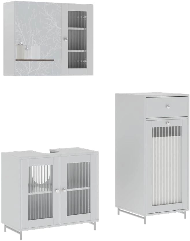Set di mobili da bagno Malte, Bianco, 60 cm, composto da mobile sottolavabo, specchiera e mobile medio