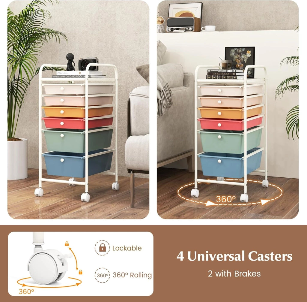 Carrello con 6 cassetti impilabili, carrello per cassetti, carrello da cucina con ruote bloccabili, carrello portaoggetti, carrello in metallo, per cucina, ufficio (colorato)