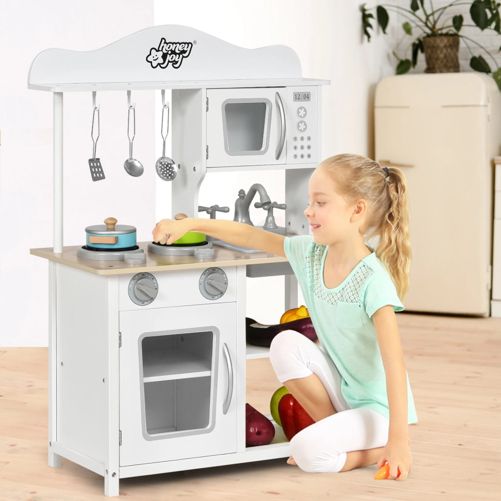 Cucina giocattolo di legno per bambini con lavello e fornello, Set cucina finta con pentole e utensili Bianco-Cucine giocattoli