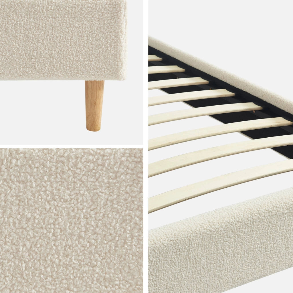 Struttura letto con rete a doghe, finitura bouclé, bianco, bianco