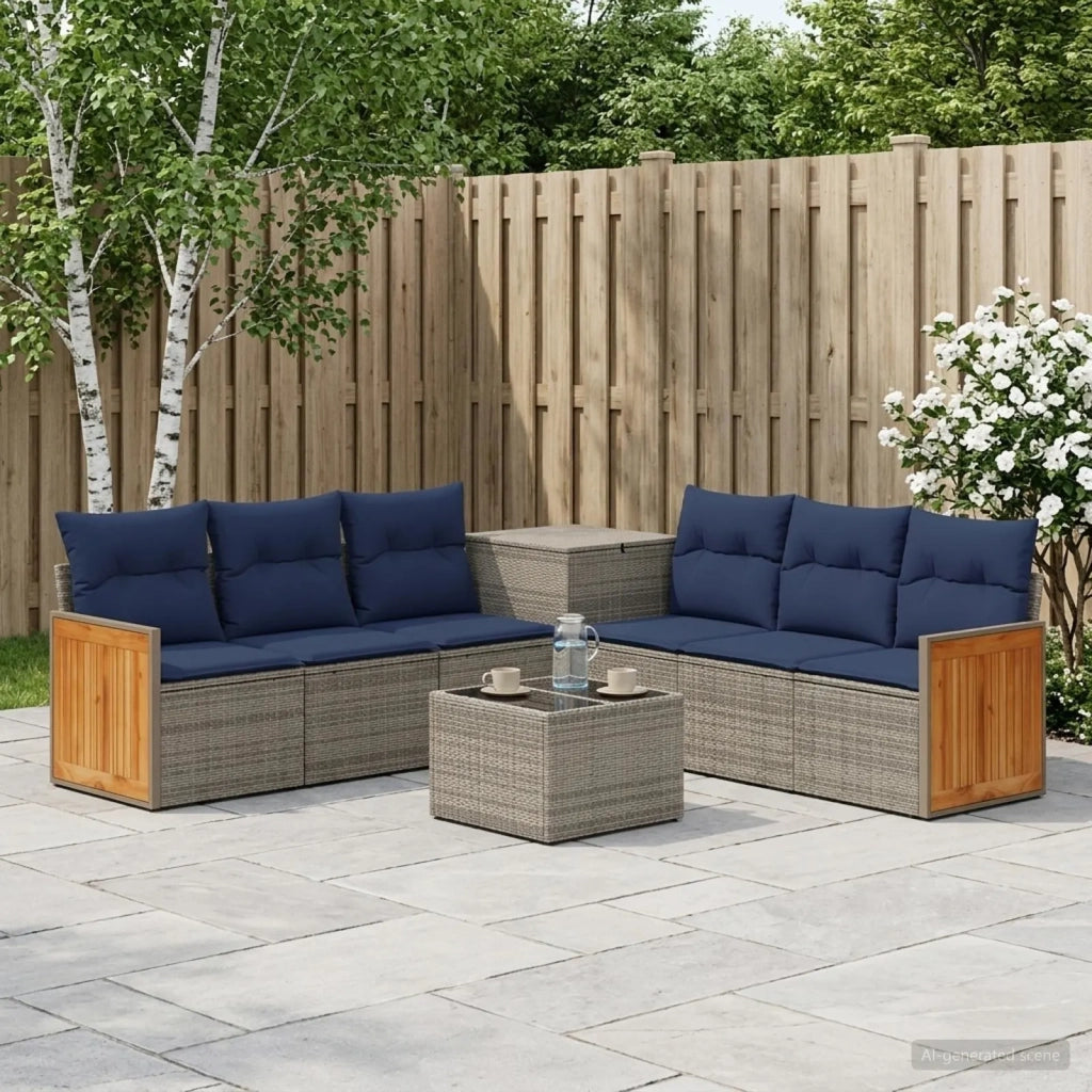 Set di divani 8 pz Grigio e Blu Navy Rattan sintetico e Acciaio 3448639