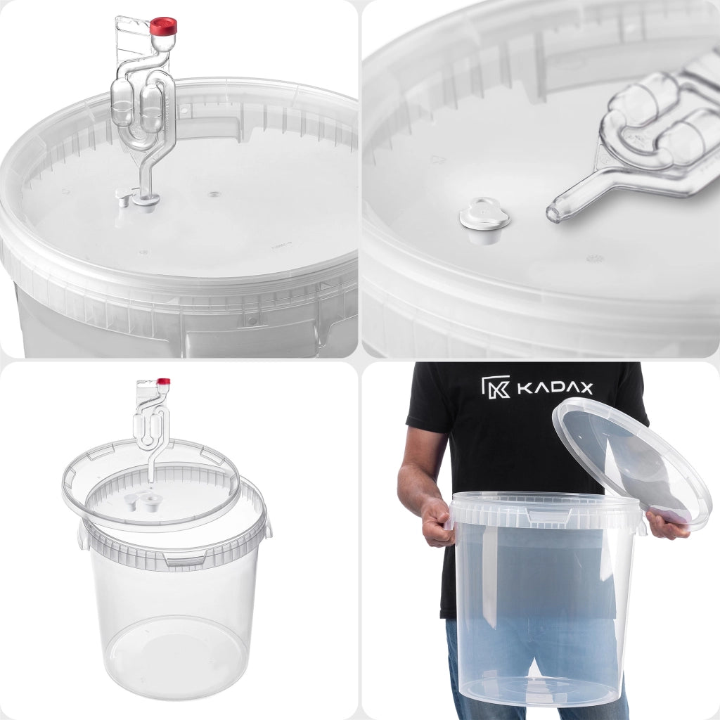 Contenitore di fermentazione KADAX da 33 litri per vino, liquori, birra e sidro, con tappo in sughero.