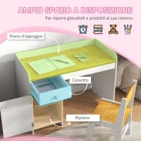 Banco Scuola e Sedia per Bambini da 3-6 Anni con Cassetto e Armadietto in Legno Bianco