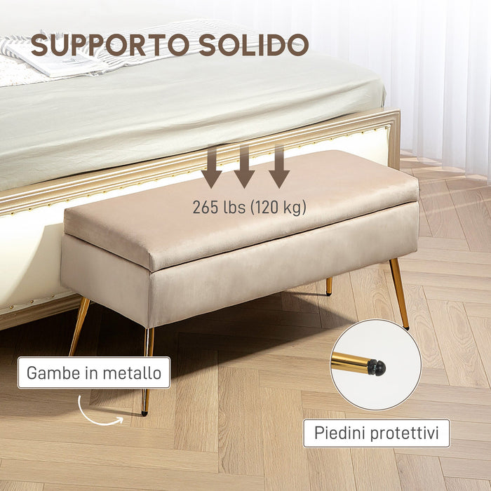 Panca Fondo Letto Imbottita da 30,5L 102x35x43 cm in Tessuto Effetto Velluto Beige
