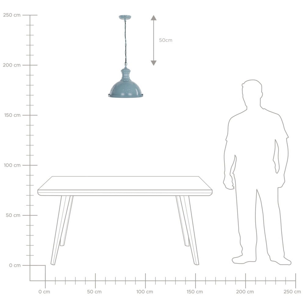 Lampada a sospensione in metallo blu di forma rotonda con ornamenti floreali industriali
