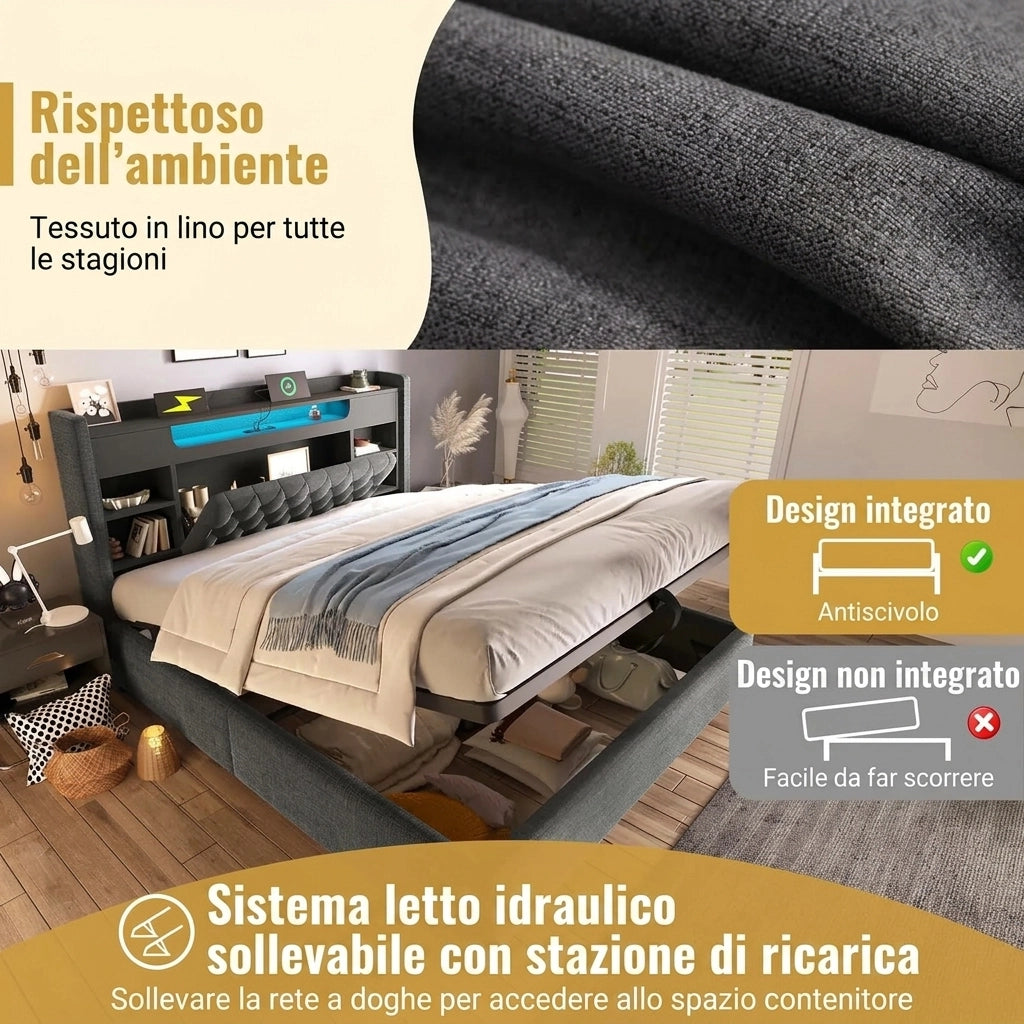 Letto Contenitore 140x190 cm; Letto Imbottito Grigio con LED e Prese USB; in Lino