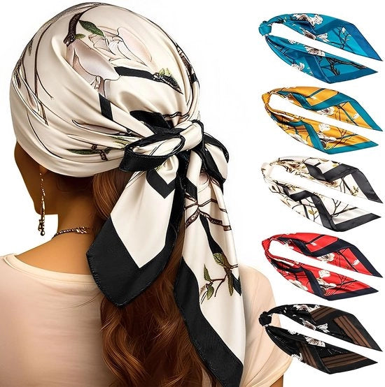 Set di sciarpe quadrati grandi - 5 pezzi - seta - 90 cm x 90 cm - colore vivace - sciarpe per capelli/sleeve per dormire - donne