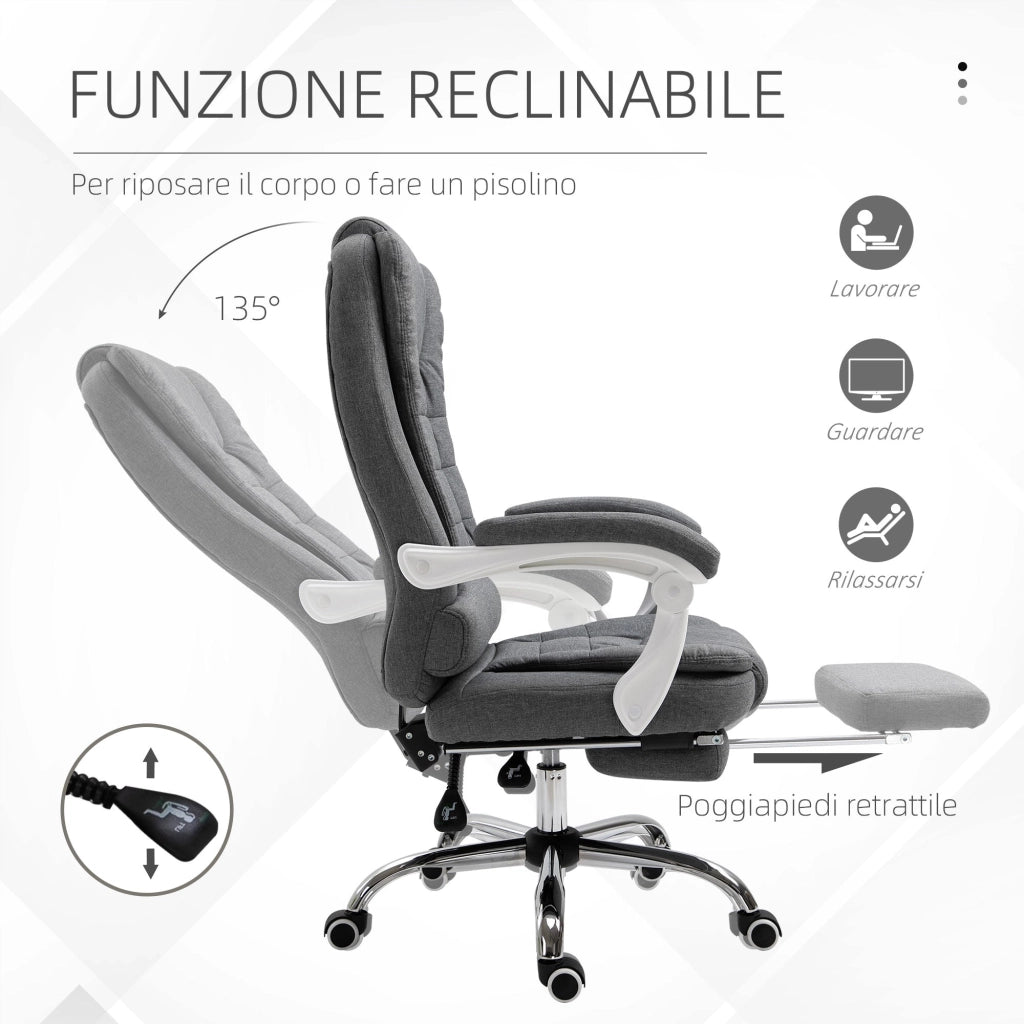 Sedia Poltrona Operativa da Ufficio Reclinabile con Poggiapiedi Estraibile in Tessuto Grigio