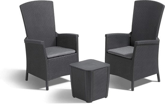 Set di mobili per balcone 2 sedie e tavolo grigio grafite con cuscino di seduta e schienale regolabile - resistente all'usura - piastra in plastica con aspetto di rattan Cool plate