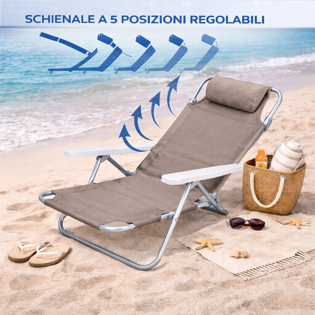 Sedia Spiaggina Prendisole Pieghevole Reclinabile 5 Posizioni Tortora Mare Spaggia
