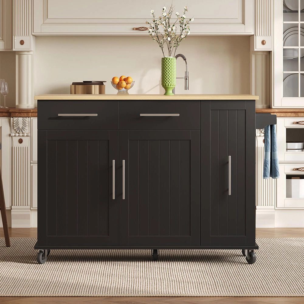 Isola cucina con ribalta - Xylo - Carrello scorrevole 3 livelli, 2 cassetti, porta-asciugamani, nero