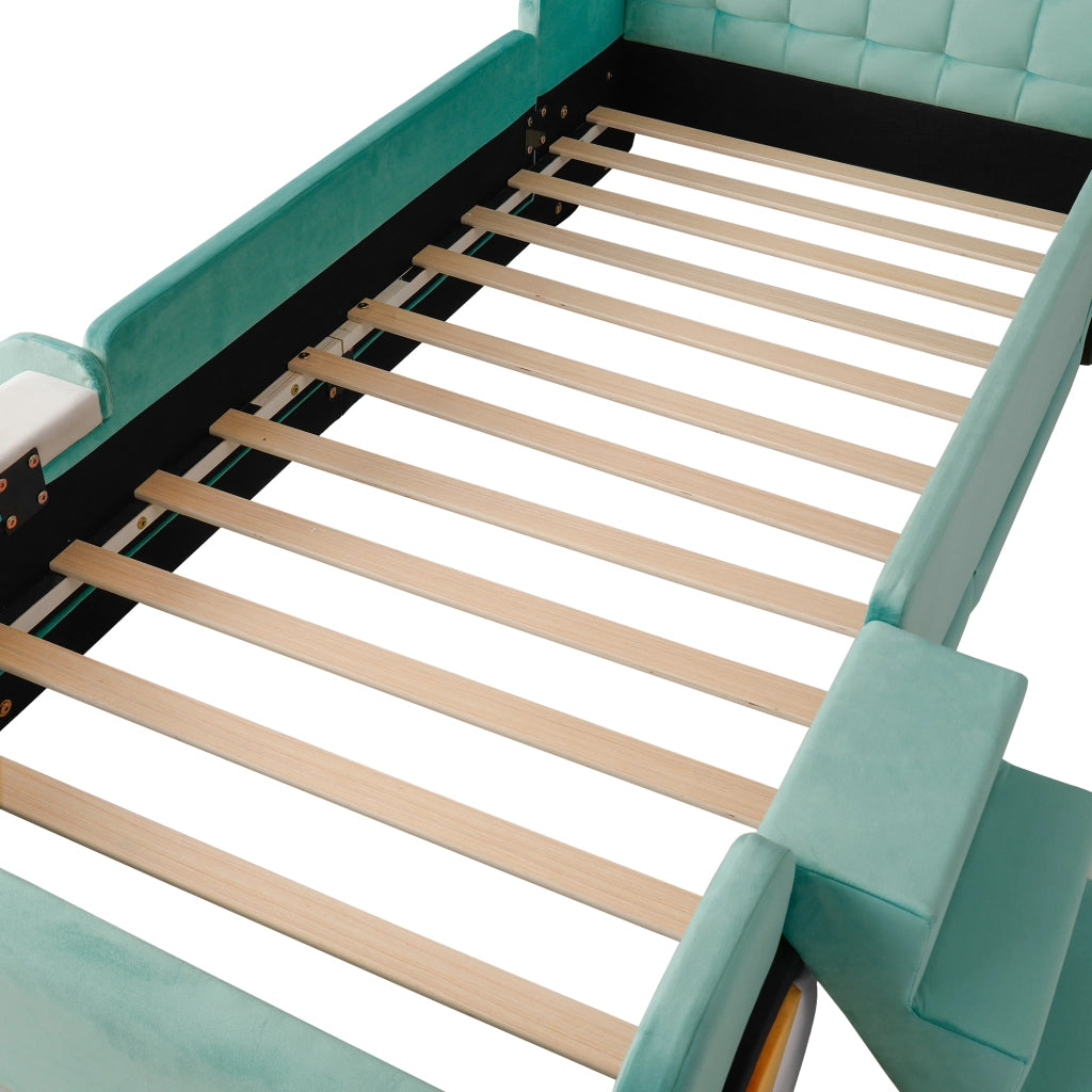 Letto per bambini 90 × 200 cm a forma di auto con scivolo e scala reversibili, senza materasso, velluto blu-verde