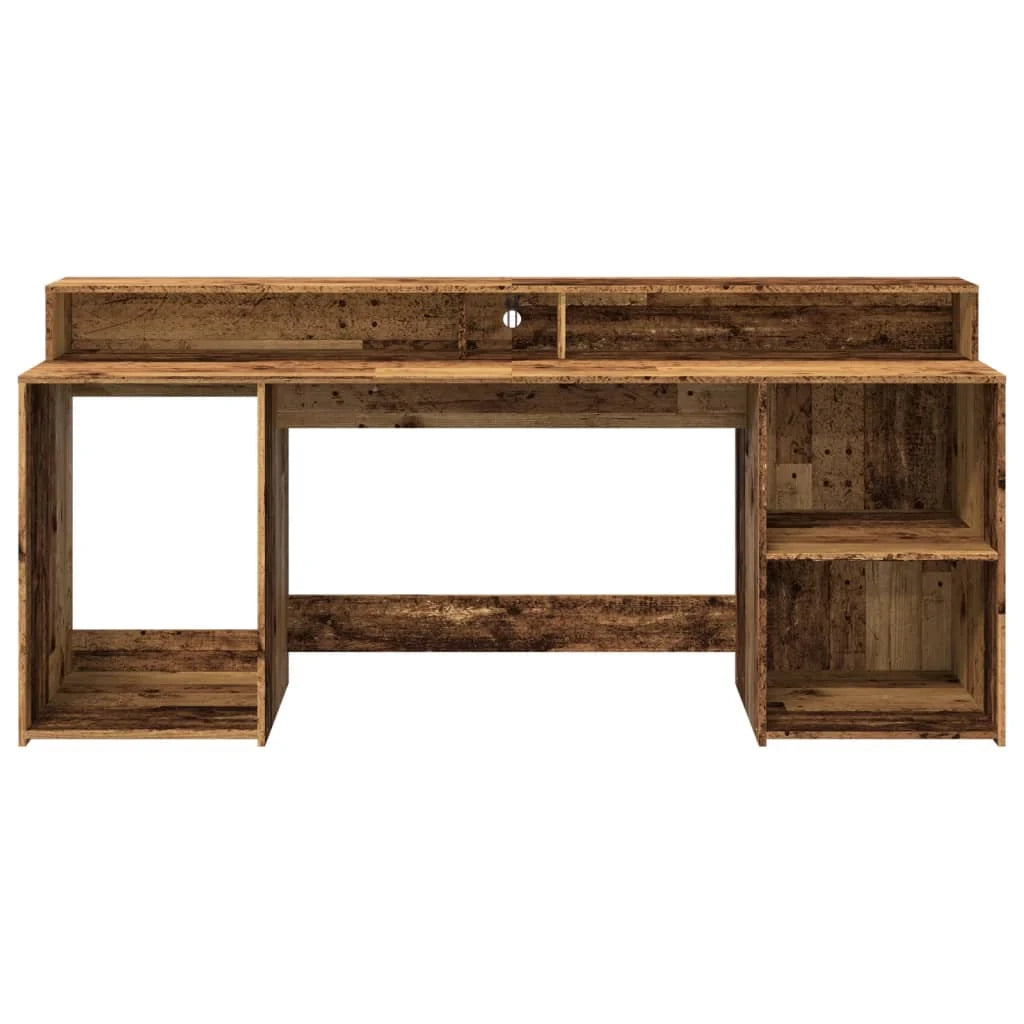 Scrivania tavolo postazione di lavoro mobile per computer studio con luci a LED legno vecchio legno ingegnerizzato marrone 02_0023437
