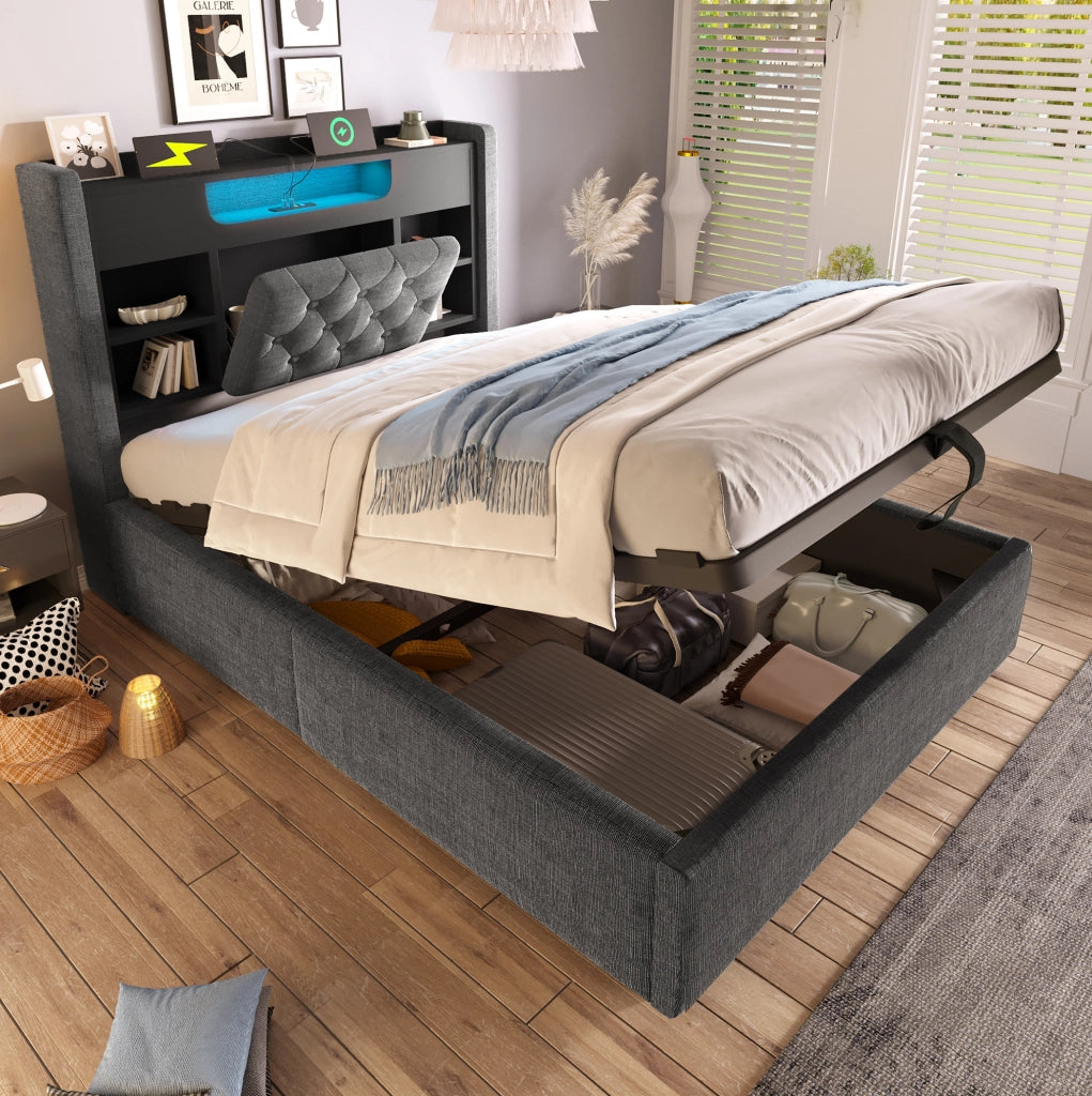 Letto singolo 90x200 cm con contenitore idraulico; LED e porte USB; in lino grigio