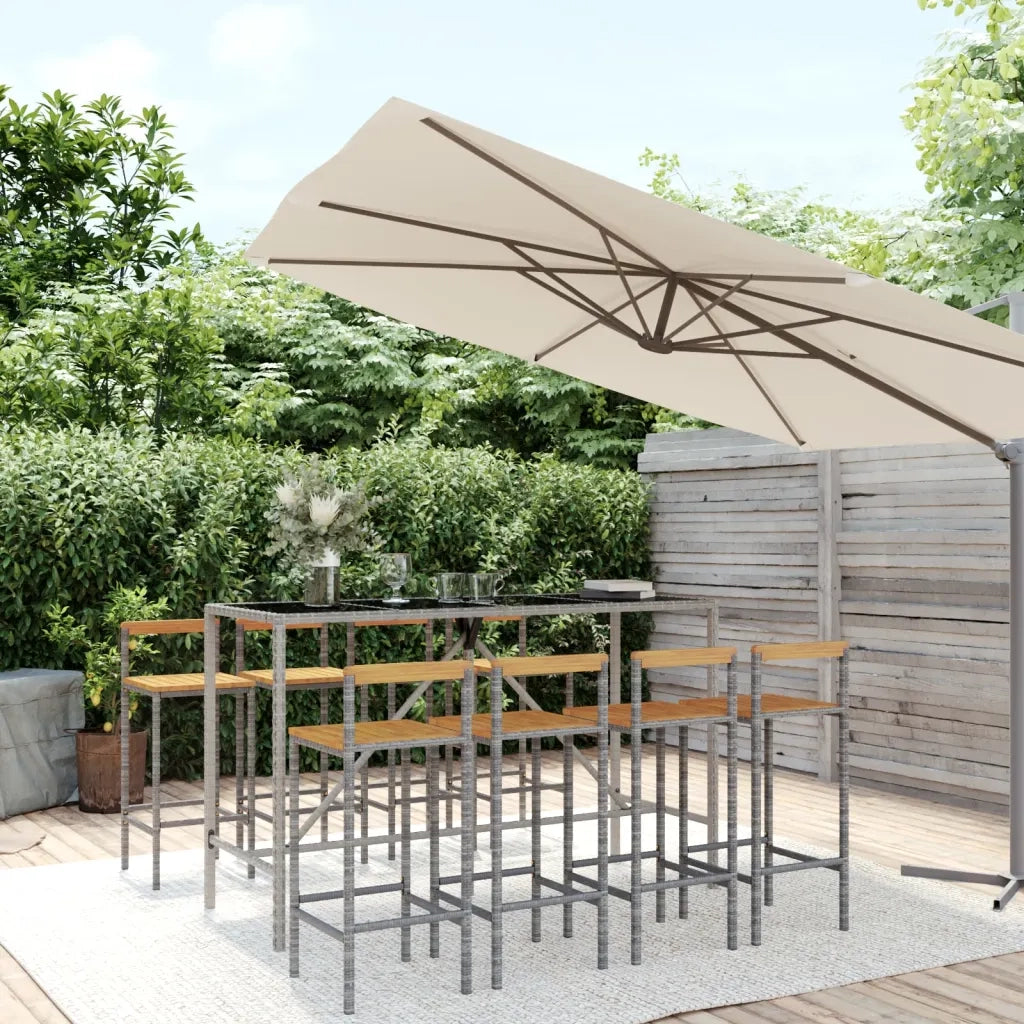 Set Bar Giardino 9pz Grigio Polyrattan e Legno Massello Acacia 3187697