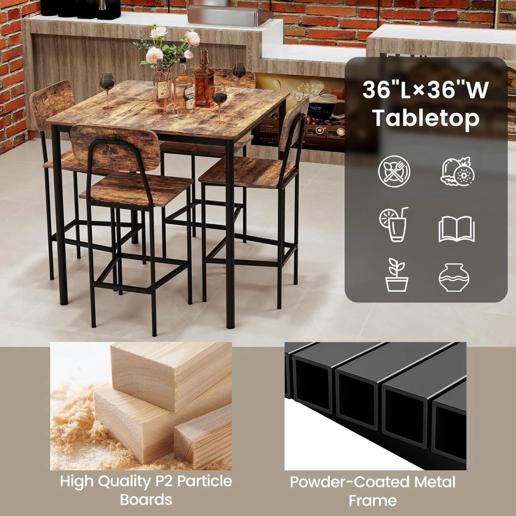 Set Tavoli da Pranzo a 5 Pezzi, Tavolo Alto e 4 Sgabelli da Bar con Poggiapiedi e Schienale, Finiture con Venature di Legno, Gambe di Metallo, Set Mobili Salvaspazio per Bar (Industriale)