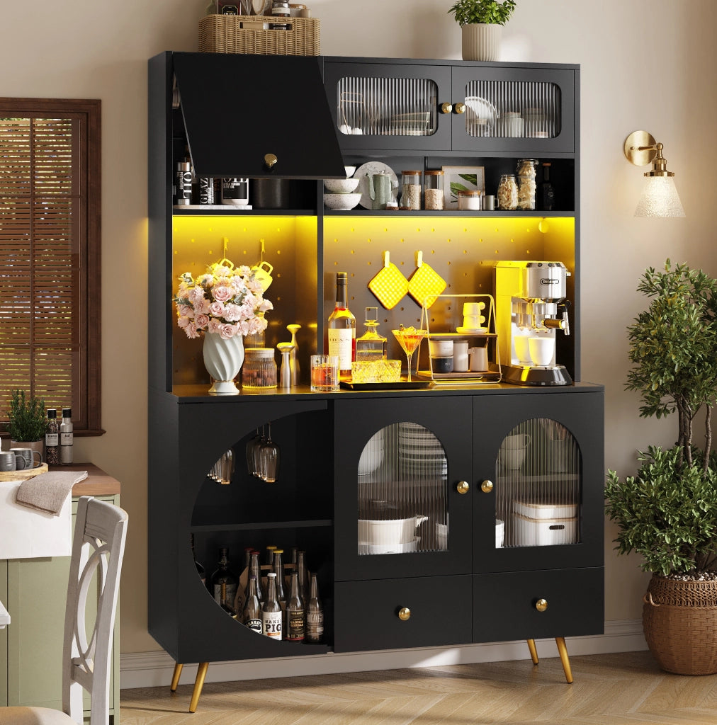 Mobile alto da cucina con LED, prese USB e AC, 120x40x176 cm, ripiani e anta ribalta, nero