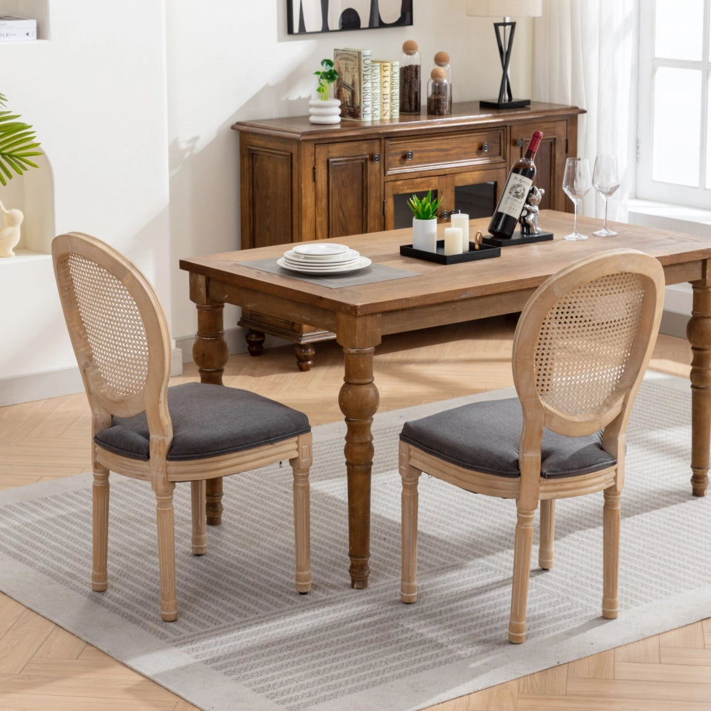 Sedie da Pranzo in Legno Massello e Rattan con Schienale ¨C MINIMAL ¨C Set 2 Pezzi, Grigio