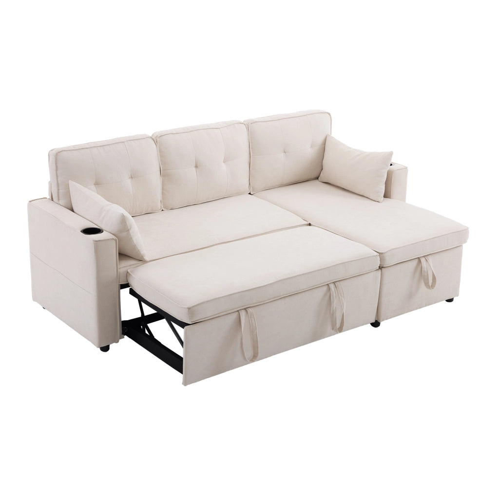 Divano letto reversibile con contenitore e portabicchieri in cotone e lino beige