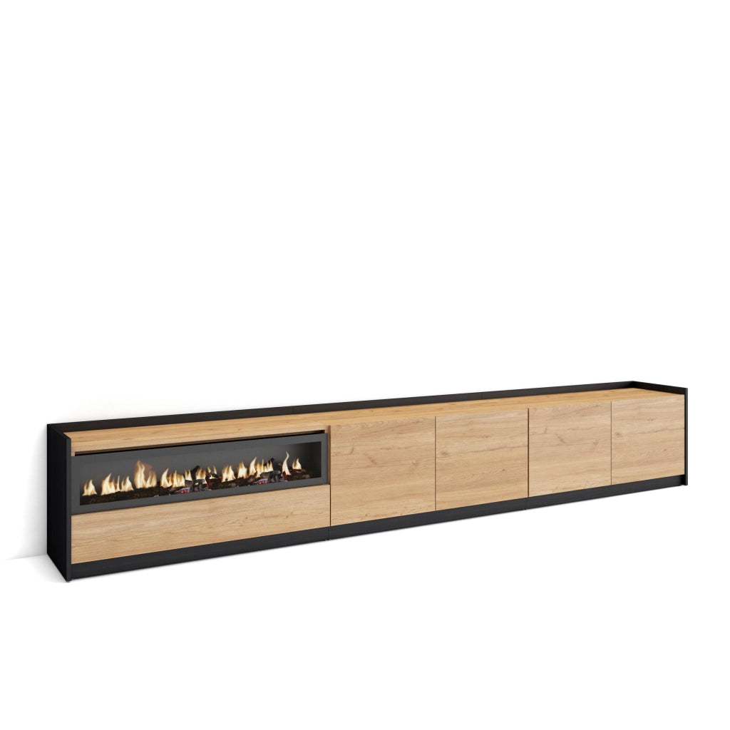 Mobile TV Soggiorno, 310x50x37 cm, Per TV fino a 80", Camino elettrico, Rovere e nero