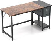 Scrivania da ufficio con stoccaggio, scrivania in metallo per computer con gancio, mensola e 2 cassetti, scrivania da studio, tavolo da computer, marrone rustico e nero (140 cm)