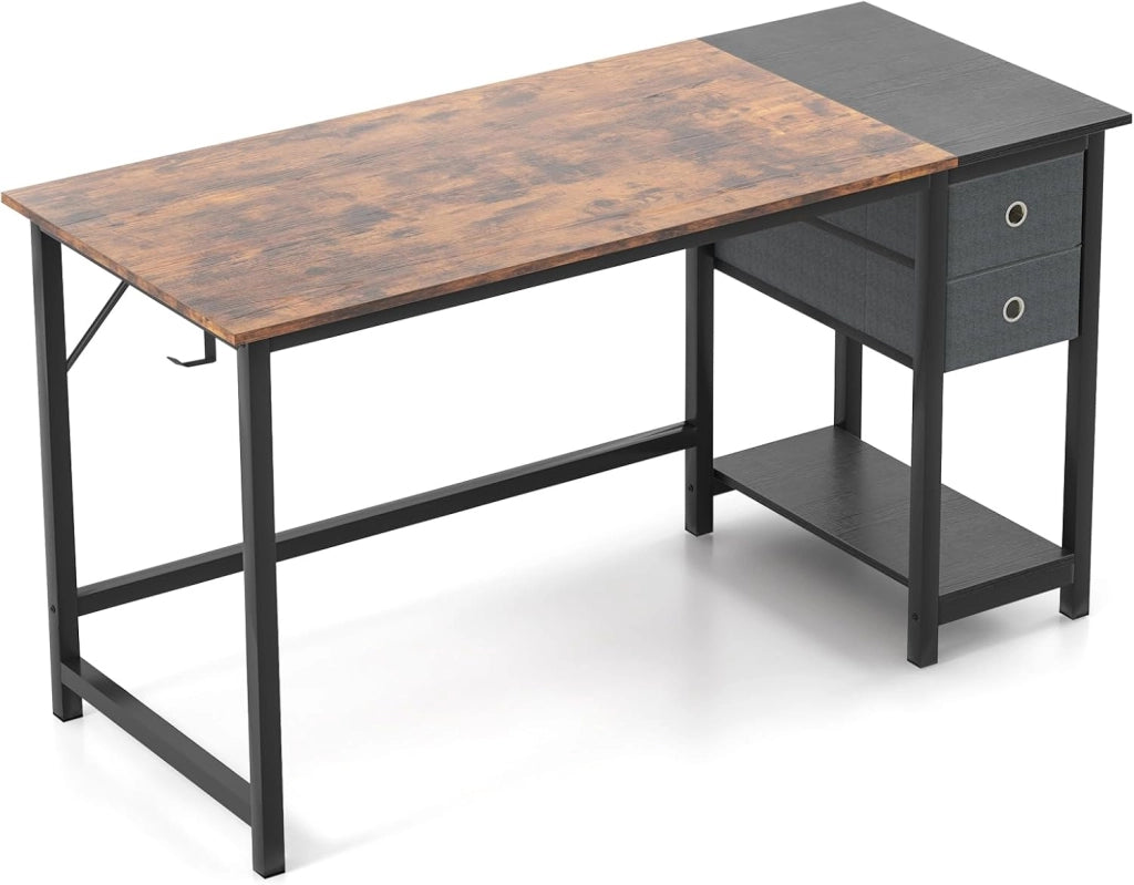 Scrivania da ufficio con stoccaggio, scrivania in metallo per computer con gancio, mensola e 2 cassetti, scrivania da studio, tavolo da computer, marrone rustico e nero (140 cm)